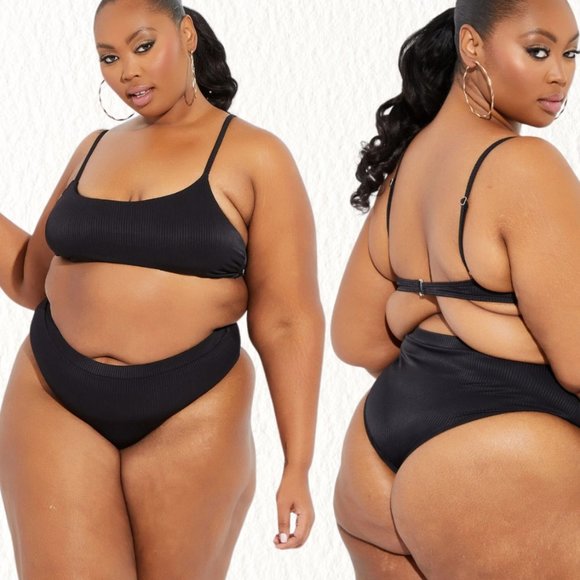 NWT 1X Set Ribbed High Rise Bikini Black Sexy Cute Summer Swim Plus Beach - Picture 1 of 5